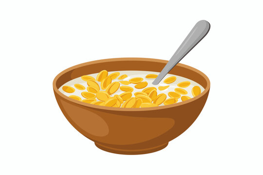 Brown ceramic bowl filled with golden corn flakes and milk with a silver spoon breakfast