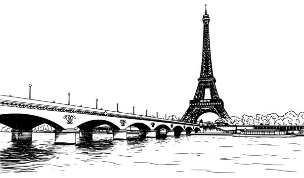 Paris Skyline with Eiffel Tower and River Bridge Monochrome Line Art Vector Illustration