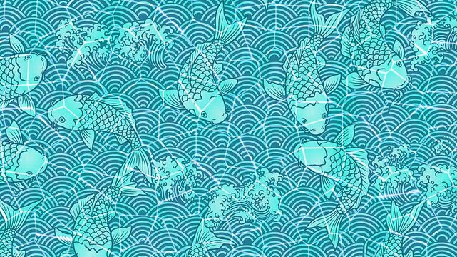 Seamless illustration of beautiful blue koi fish swimming gracefully amidst traditional Japanese seigaiha wave patterns, creating an elegant aquatic design