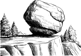 Imposing boulder precariously balanced cliff edge with pine trees and rocky terrain © Abdullah_43