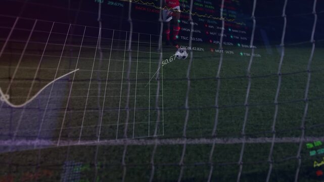 Animation of data processing and statistics over african american football player on pitch