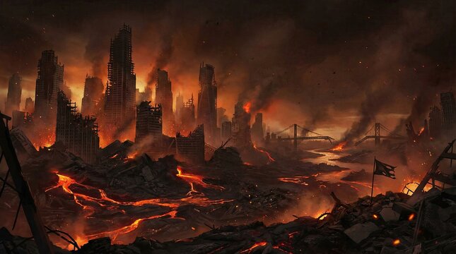 Image of destroyed city in fire storm showing death and earth's destruction concept. A desolate landscape engulfed in flames and ash, showcasing destruction.