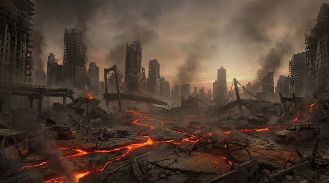 Image of destroyed city in fire storm showing death and earth's destruction concept. A desolate landscape showcasing devastation and volcanic activity.