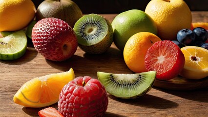 fresh fruits and vegetables, A colorful arrangement of sliced fruits on a wooden table with natural lighting