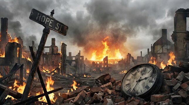 Image of destroyed city in fire storm showing death and earth's destruction concept. A devastated street scene amidst flames and destruction.