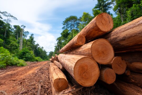 Freshly Cut Timber Piles at a Deforested Site in an Illegal Logging Area