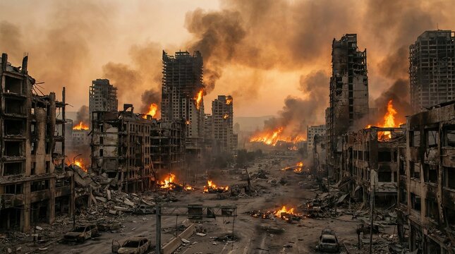 Image of destroyed city in fire storm showing death and earth's destruction concept. A devastated urban landscape engulfed in flames and smoke.