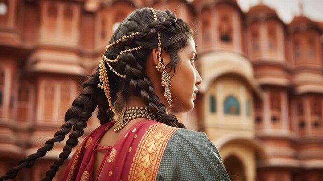 Portrait of a young Indian woman in traditional attire and ornate jewelry standing before historic palace architecture, rich cultural heritage atmosphere