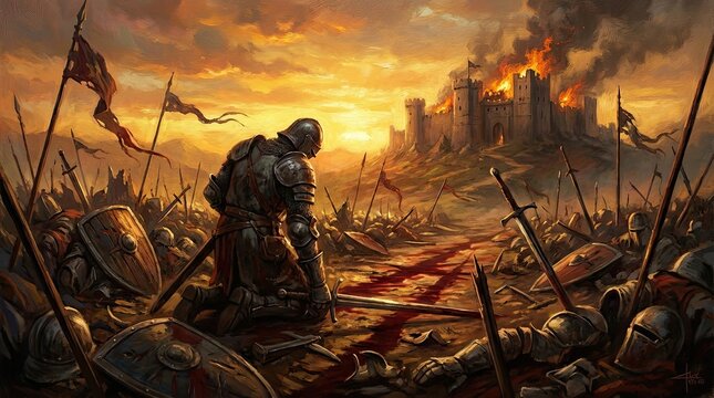 Epic fantasy battle scene with castle sunset and chivalry art concept. A dramatic battle scene with a knight amidst a fiery landscape.