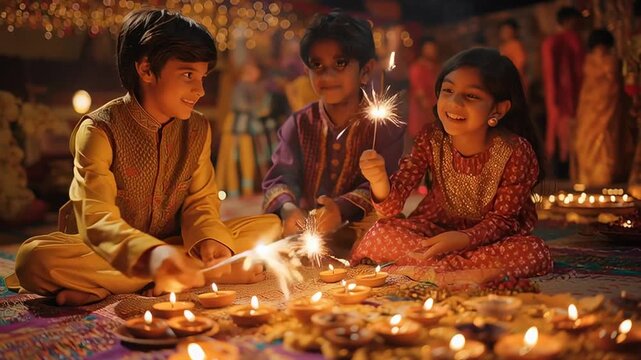 Three children in traditional Indian clothes lighting diyas and holding sparklers during a festive Diwali celebration, warm glowing atmosphere