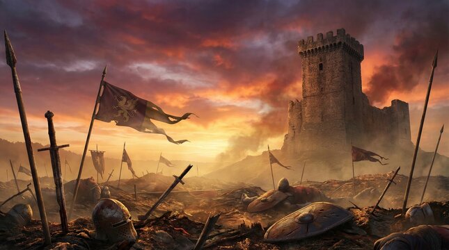 Epic fantasy battle scene with castle sunset and chivalry art concept. A dramatic battlefield scene with a castle and flags at sunset.