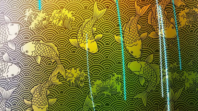 Vibrant underwater scene with golden koi fish swimming through stylized waves and lush foliage in a dynamic display of color and movement