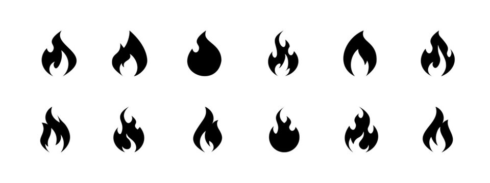 Fire icon collection. Fire flame symbol. Bonfire silhouette logotype. Flames symbols set flat style Vector illustration.