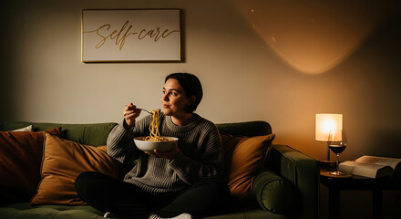 Fototapeta premium Woman finds serenity and comfort on her cozy sofa, enjoying a delicious homemade meal in a warm, dimly lit living room, prioritizing self-care during a peaceful evening at home