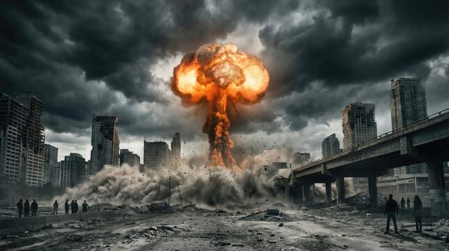 Nuclear explosion with shock wave under stormy apocalyptic sky concept. A dramatic depiction of destruction from an explosion in a city.