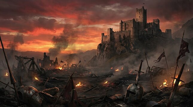 Epic fantasy battle scene with castle sunset and chivalry art concept. A dramatic medieval battlefield with a castle at sunset.