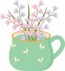Cute floral bouquet in mug, spring flowers illustration, cozy home decor concept, flat vector design for greeting card, poster and kitchen decoration