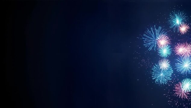 The fireworks are a mix of vibrant cyan, electric blue, and soft lavender-pink. The left two-thirds of the image is a clean, dark navy blue gradient, providing ample negative space.