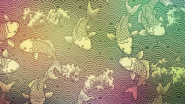 Vibrant gradient pattern of elegant koi fish swimming through traditional Asian waves, a beautiful illustration symbolizing prosperity and good fortune