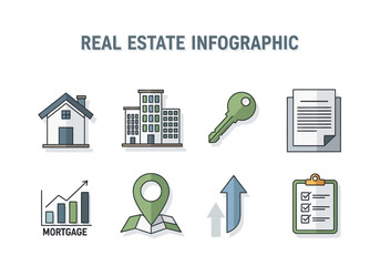 Real Estate Infographic Elements House, Buildings, Key, Document, Mortgage Graph, Map Pin, Up Arrow, Checklist