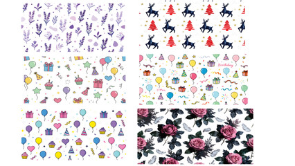 Printable wrapping paper design pattern set featuring floral birthday and valentine themes with festive Christmas elements for creative gift packaging. © prarthana