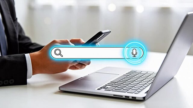 Person using smartphone and laptop with search bar overlay