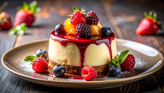 A close-up shot of a small cheesecake adorned with fresh berries, dripping with glaze, and set on a plate, on a wood table