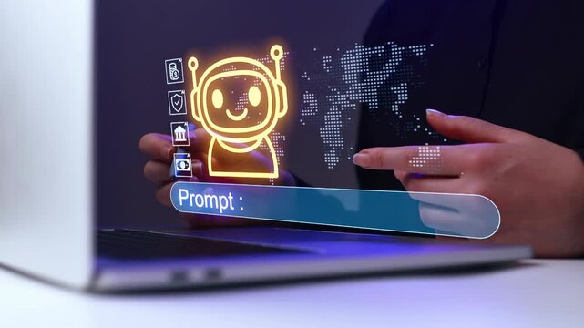User interacts with chatbot displayed on computer screen in digital workspace setting showing global map and icons.