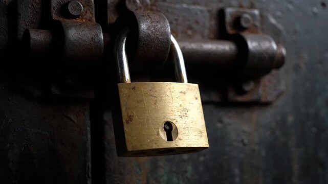 Locked Padlock on Metal Door Closeup.