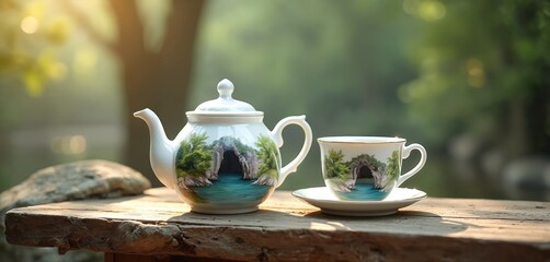 Fototapeta premium White teapot and cup sit on wood table. Outdoor scene shows calm water and rocky cave art on ceramic ware. Gentle sun light filters through green foliage above.