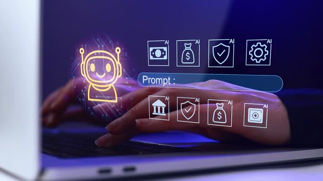 Hands typing on a laptop with a digital robot icon displayed on the screen while designing an AI prompt for various tasks.