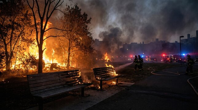 Fire breaks out at park with benches amid black emergency scene concept. A dramatic scene of fire engulfing trees in an urban area.