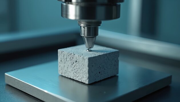 Automated machine tests concrete cube. Precision equipment applies force for material analysis. Quality control in lab examines strength. Engineering research checks durability.