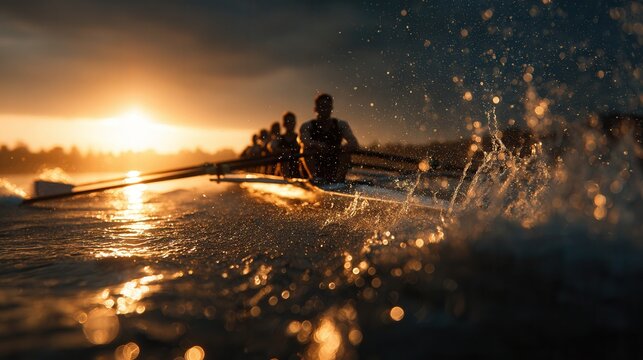 close-up of a professional rowing team racing across a lake at sunset, low water-level perspective, powerful athletes in synchronized motion, dramatic golden hour light illuminating faces and muscles