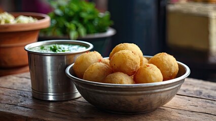 Crispy pani puri filled with potatoes and chutney, spicy mint water bowl