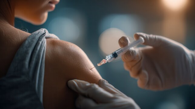 close-up of a woman receiving a vaccine injection in her upper arm, healthcare professional wearing gloves administering the shot, soft clinical lighting