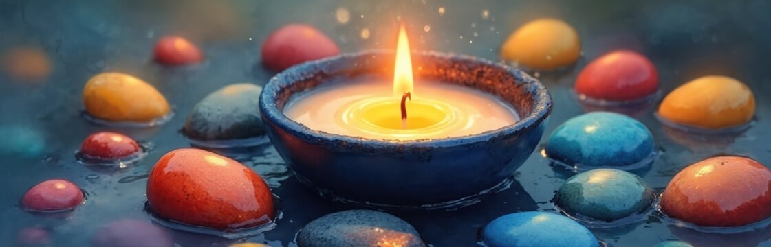 Burning candle floats in water surrounded by colorful smooth stones. Gentle light creates serene mood. Peaceful atmosphere for meditation and relaxation with soft glow.