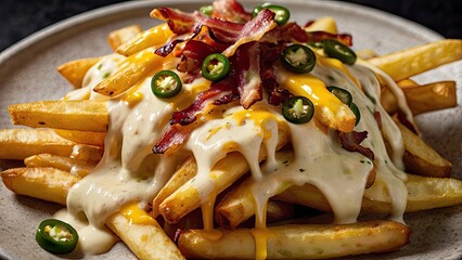 French fries topped with melted cheese, creamy sauce drizzle