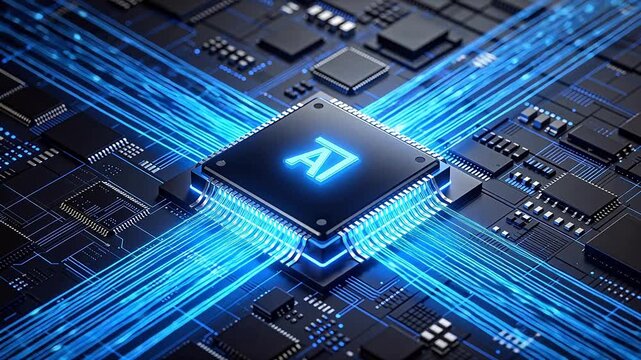 AI chip with glowing blue data streams