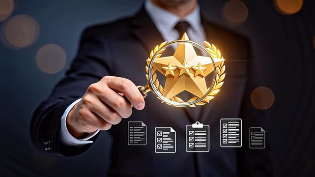 Businessman examining golden star award with magnifying glass