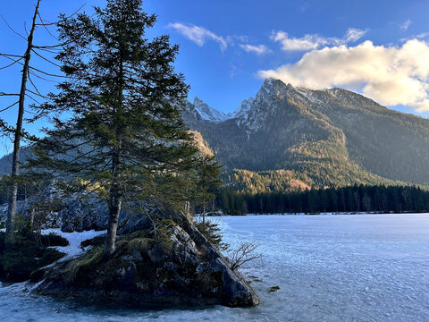 the frozen lake Hintersee in Germany