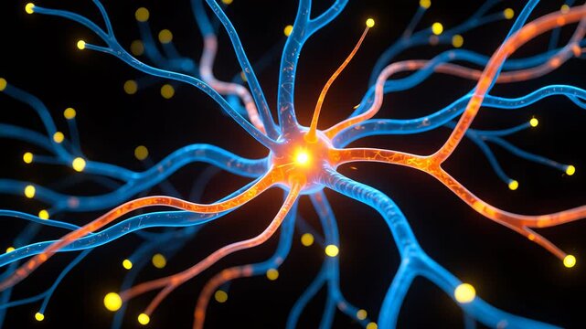 NeuronClose-Up:OrangeSomawithBlue-RedDendrites