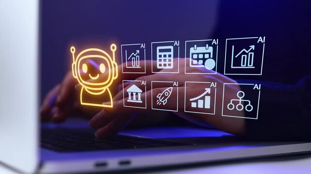 Digital assistant on a laptop screen with various icons displayed and a person working in the background.
