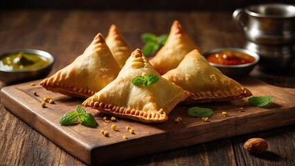 Golden crispy samosas with mint and tamarind chutney, wooden board, soft warm lighting