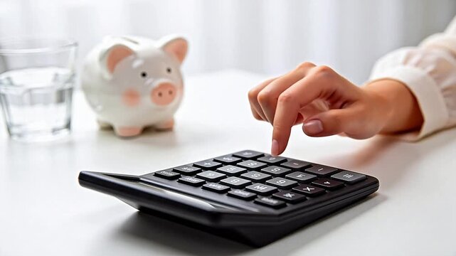 Person using calculator with piggy bank nearby