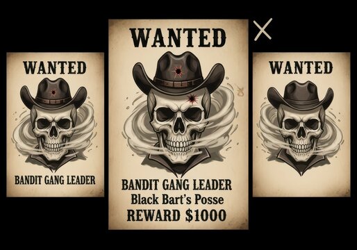 Wanted bandit gang leader skull cowboy hat old west reward poster design