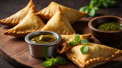 Golden crispy samosas with mint and tamarind chutney, wooden board, soft warm lighting