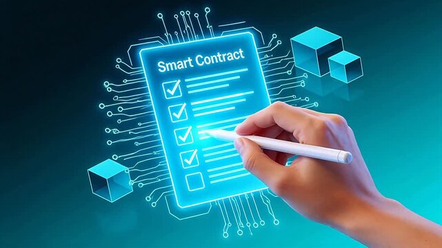Hand interacting with digital smart contract interface