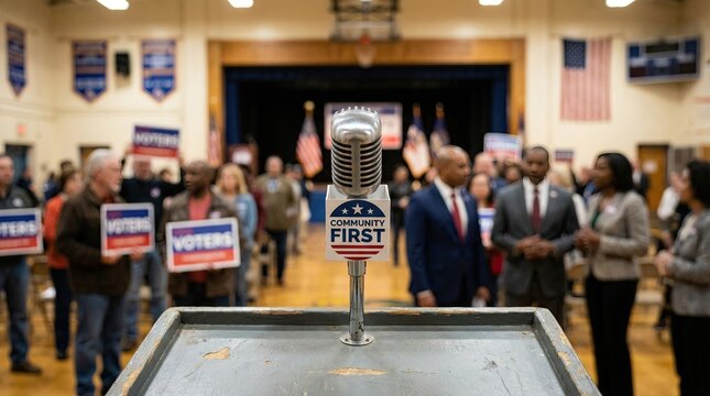 Town hall election meeting with blurred debate scene concept. A microphone at a political event with diverse supporters.