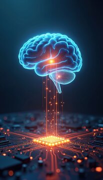 Glowing digital brain connects to computer chip. Futuristic neural network links mind and machine. Cybernetic interface shows ai development and data transfer.